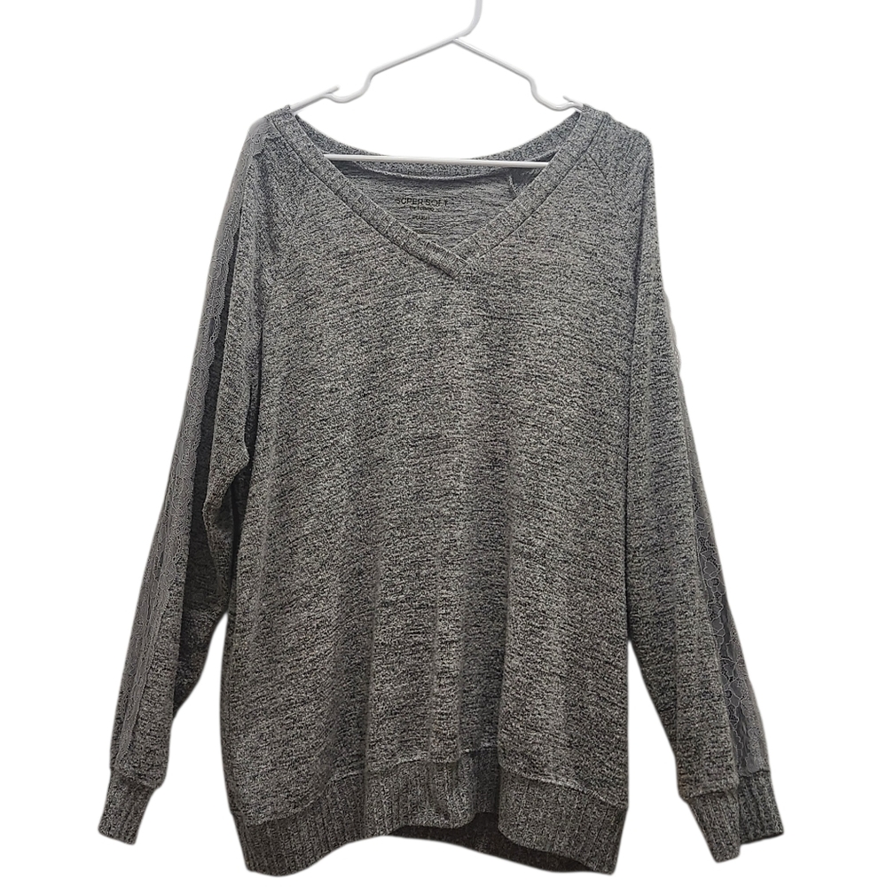 TORRID Super Soft Plush V-Neck Lace Pieced Sleeve Raglan Sweatshirt Gray Size 1X